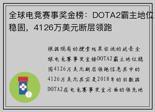全球电竞赛事奖金榜：DOTA2霸主地位稳固，4126万美元断层领跑