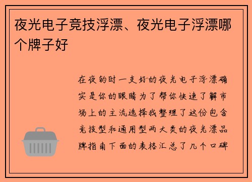 夜光电子竞技浮漂、夜光电子浮漂哪个牌子好
